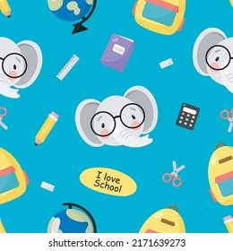 Seamless Pattern with School supplies. Vector illustration. For greeting card, posters, banners, the card, printing on the pack, printing on clothes, fabric, wallpaper.