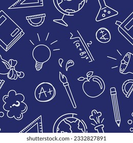 Seamless pattern with school supplies, vector drawings, background pattern for web and prints, decorations, graphic designs.