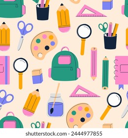 Seamless pattern with school supplies vector flat illustration. Back to school. Stationery cartoon style.