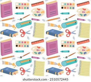 Seamless pattern with  school supplies. Vector cartoon background in flat style.	