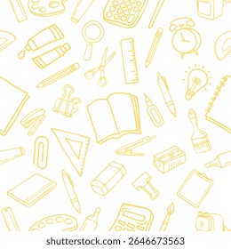Seamless pattern of school supplies in yellow lineart style, with calculators, books, rulers, sharpeners, and staplers on transparent background. Ideal for digital paper, wallpapers, and stationery. - Powered by Shutterstock - Get 15% off with code: PIKWIZARD15
