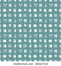Seamless pattern with school symbol silhouettes on a blue background.