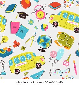 Seamless pattern with school symbols. School bus, alarm clock, backpack, stationery and books. Bright colors