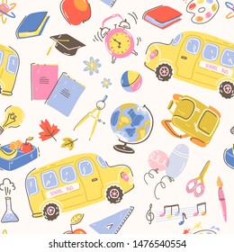 Seamless pattern with school symbols. School bus, alarm clock, backpack, stationery and books. Bright colors