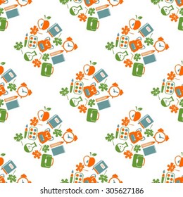Seamless pattern with school symbols on a white background.