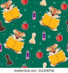 Seamless pattern in the school theme: with a cute tiger reading a book, an apple, a pencil and chess pawns.