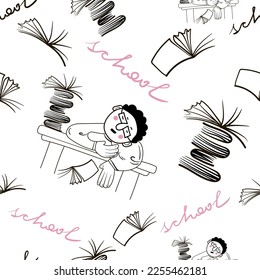 Seamless pattern with a school theme. Drawing of a boy with glasses, who fell asleep at school, books and the inscription school. Doodle style vector illustration in black and pink.