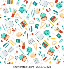 Seamless pattern of school tools, supplies, stationery in flat style. Continuous print for cover, wrapping paper, wallpaper, textile. Vector illustration isolated on white