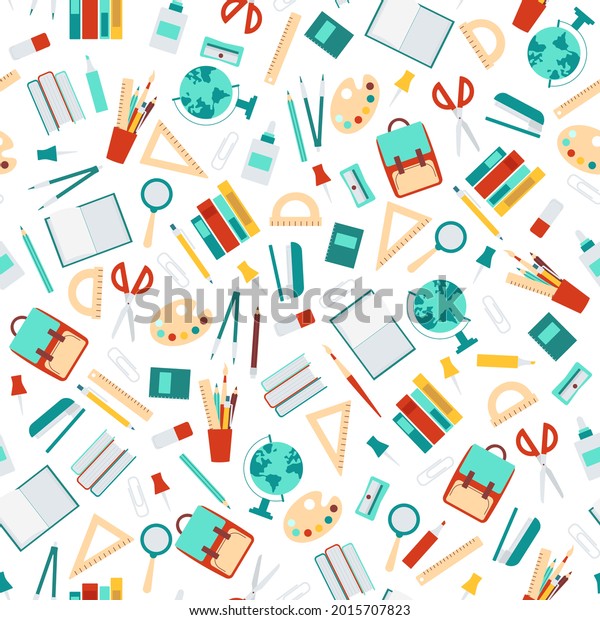 Seamless pattern of\
school tools, supplies, stationery in flat style. Continuous print\
for cover, wrapping paper, wallpaper, textile. Vector illustration\
isolated on white