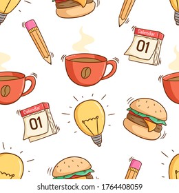 seamless pattern of school or working icons with colored doodle style