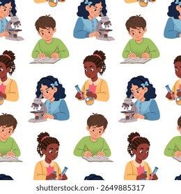 Naadloos patroon met schoolkinderen die wetenschappelijke experimenten doen, schoolactiviteiten. Education Design voor textieldruk, behang, inpakpapier, briefpapier. Ideaal voor klassikale inrichting