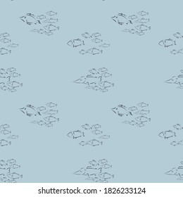 seamless pattern of schooling fish on a blue background. design of a fish store, business cards, canned packaging. fabric design for boys, wallpaper in the children's bedroom. sketch. vector 