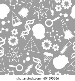 Seamless pattern with science icons collection. Physical and chemical elements set, hand drawn backdrop. Decorative wallpaper, good for printing. Vector illustration with scientific signs