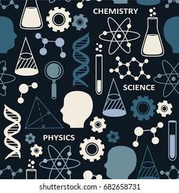Seamless pattern with science icons collection. Physical and chemical elements set, hand drawn overlapping backdrop. Decorative wallpaper, good for printing. Vector illustration with scientific signs