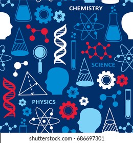 Seamless pattern with science icons collection. Physical and chemical elements set, hand drawn overlapping backdrop. Decorative wallpaper, good for printing. Vector illustration with scientific signs
