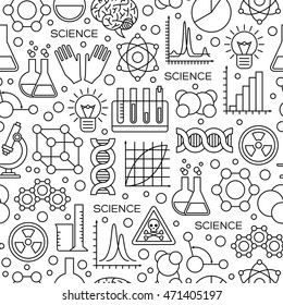 Seamless Pattern With Science Line Icons In Modern Style. Vector Illustration. Scientific Research Background With Chemical Experiment Tools. 