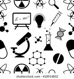 Seamless pattern with science and medical black icons on a white background. Vector illustration
