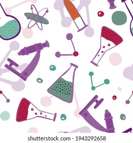 Ciencia de patrones sin inconvenientes sobre el fondo blanco. Plantilla de investigación médica para tela de diseño. Impresión decorativa de laboratorio. Resumen de ilustraciones vectoriales de educación.