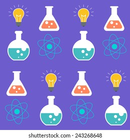 Seamless pattern. Science symbols over purple background. Vector Illustration