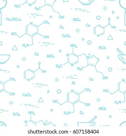 Seamless pattern with scientific, education elements: molecular structure, formula, pestle and other. Design for banner, poster or print.