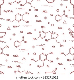 Seamless pattern with scientific, education elements: molecular structure, formula, pestle and other. Design for banner, poster or print.