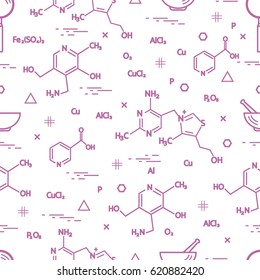 Seamless pattern with scientific, education elements: molecular structure, formula, pestle and other. Design for banner, poster or print.