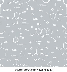 Seamless pattern with scientific, education elements: molecular structure, formula, pestle and other. Design for banner, poster or print.