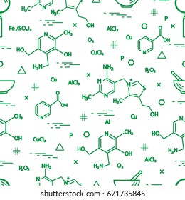 Seamless pattern with scientific, education elements: molecular structure, formula, pestle and other. Design for banner, poster or print.