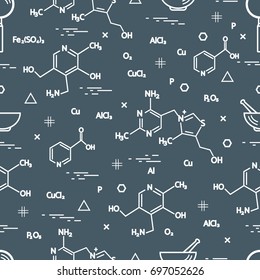 Seamless pattern with scientific, education elements: molecular structure, formula, pestle and other. Design for banner, poster or print.