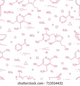 Seamless pattern with scientific, education elements: molecular structure, formula, pestle and other. Design for banner, poster or print.