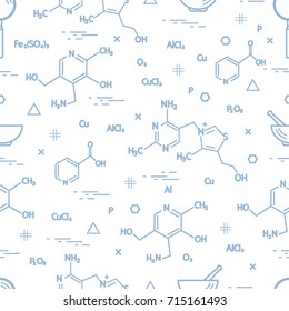 Seamless pattern with scientific, education elements: molecular structure, formula, pestle and other. Design for banner, poster or print.