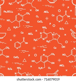 Seamless pattern with scientific, education elements: molecular structure, formula, pestle and other. Design for banner, poster or print.