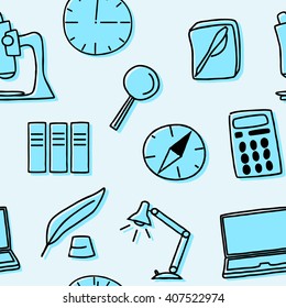 Seamless pattern of scientific and educational accessories in blue. Vector illustration
