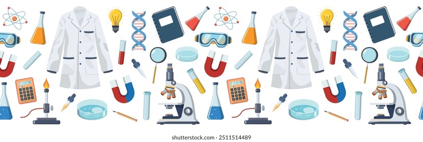 Seamless pattern scientific research concept. Microscope, chemistry flask, and lab tools. Flat hand drawn vector. Isolated on white background