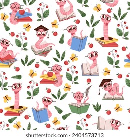 Seamless pattern with scientist worm wearing glasses with books. Decor textile, wrapping paper, wallpaper design. Print for fabric. Earthworm smart insect, cartoon flat vector concept