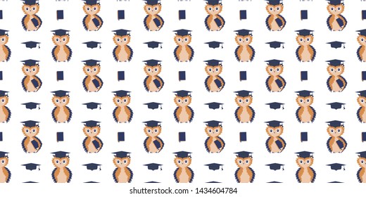 Seamless pattern of scientists owls with textbooks under the wing and without, square academic caps and textbooks with bookmarks on a white background. Education. Literacy day. Back to school. Vector.