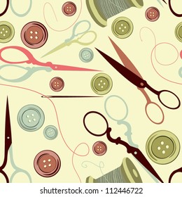 Seamless pattern with scissors, button, needle. Sewing background