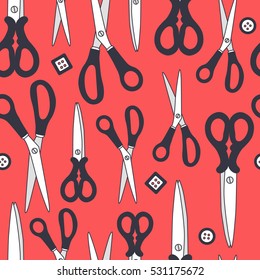 Seamless pattern with scissors and buttons, hand drawn objects. Colorful background, collection of sewing tools. Decorative wallpaper, good for printing. Design backdrop vector