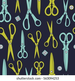 Seamless pattern with scissors and buttons, hand drawn objects. Colorful background, collection of sewing tools. Decorative wallpaper, good for printing. Design backdrop vector