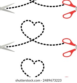 Seamless pattern with scissors cutting heart shape. Hand drawn opened pair of scissors. Craft and needlework cutting. Vector illustration.