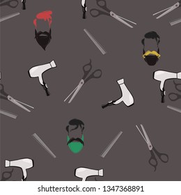 Seamless pattern of scissors, hairdryer, combs and hipster heads