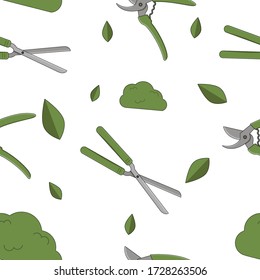 Seamless pattern with scissors and leaves in greens.