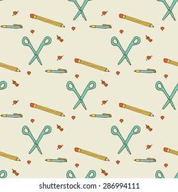 Seamless pattern: scissors, pencil, pen, heart, thumbtack School supplies