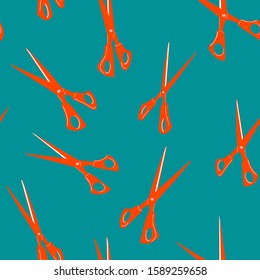 Seamless pattern. Scissors set. Vector abstract backdrop. Aqua Menthe color of background. Lush lava color of scissors. Doodle hands drawn sketch. Colorful bright square wallpaper