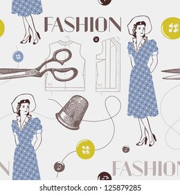 seamless pattern with scissors, thread, needle. Vintage background