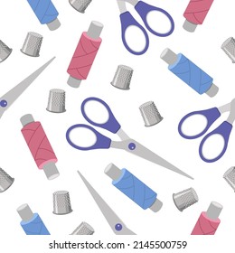 Seamless pattern scissors,thimble,blue and pink threads on a white background.Vector pattern can be used in textiles,packaging,designs for needlework.