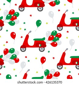 Seamless pattern with scooter, balloons and stars in Italian colors (Red, White and Green) on white background. Perfect for wallpaper, pattern fills, web page background, textile, Italy holidays