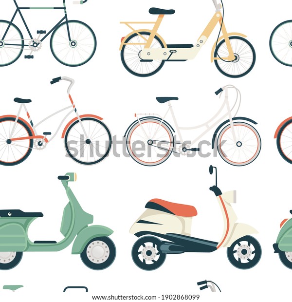 Seamless\
pattern of scooter and bicycle small city dual wheel transport for\
personal use or courier flat vector\
illustration