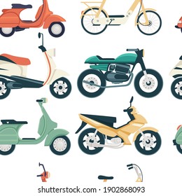 Seamless pattern of scooter and bikes small city dual wheel transport for personal use or courier flat vector illustration