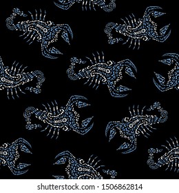 Seamless pattern with scorpions, made in the ethnic style. Tattoo, astrology, alchemy, boho and magic symbol. Original design in doodle style. Vector illustration.